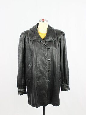 Vintage 80's/90's Tiger Label Black Leather Puff Sleeve Jacket Car Coat, Size M